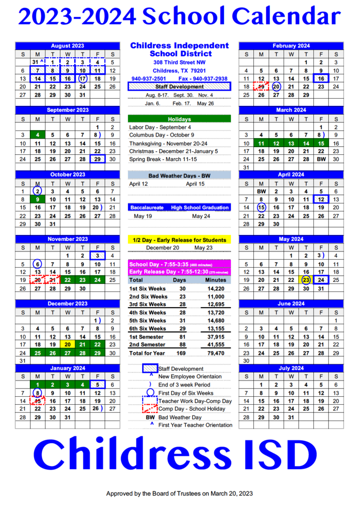 2324 CISD School Calendar Childress ISD